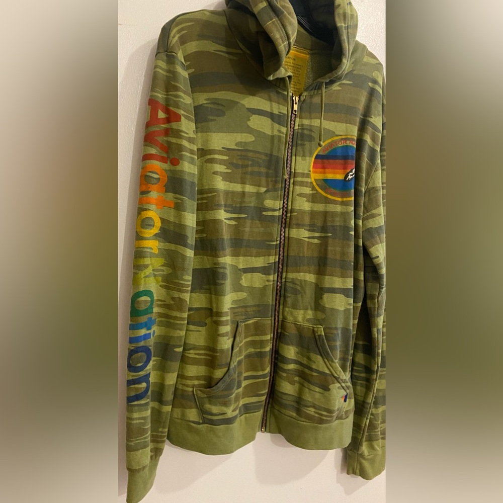 AVIATOR NATION Zip front Hoodie Size XXL Army print with multi color logo - Picture 1 of 5